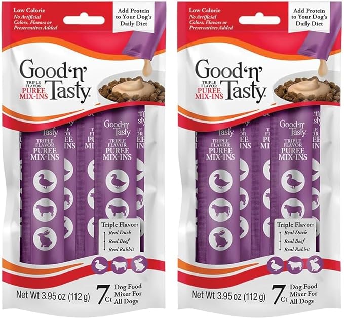 Good 'n' Tasty Triple Flavor Puree Mix-Ins Dog Food Topper Treats for All Dogs, 7 Count, Easy Single-Serve Portions, Added Protein with Duck, Beef and Rabbit, No Chicken Added (Pack of 2)
