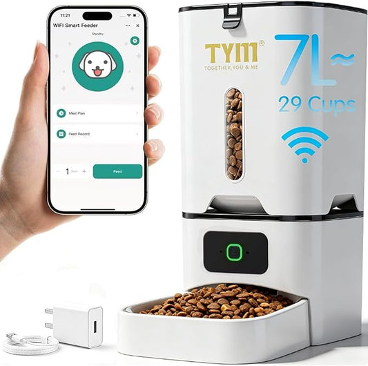 TYM Automatic Cat Feeder, 7L WiFi Cat Food Dispenser with Smart APP Control, Timed Auto Dog Feeder for Small Pets, Programmable Timer, Dual Power Supply, Detachable for Easy Cleaning