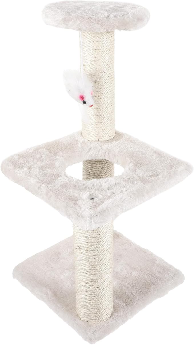 Cabilock Large Beige Cat Scratching Post with Sisal Rope 3-Layer Vertical Cat Tree for Indoor Use Multi-Level Kitten Scratcher and Activity Tower