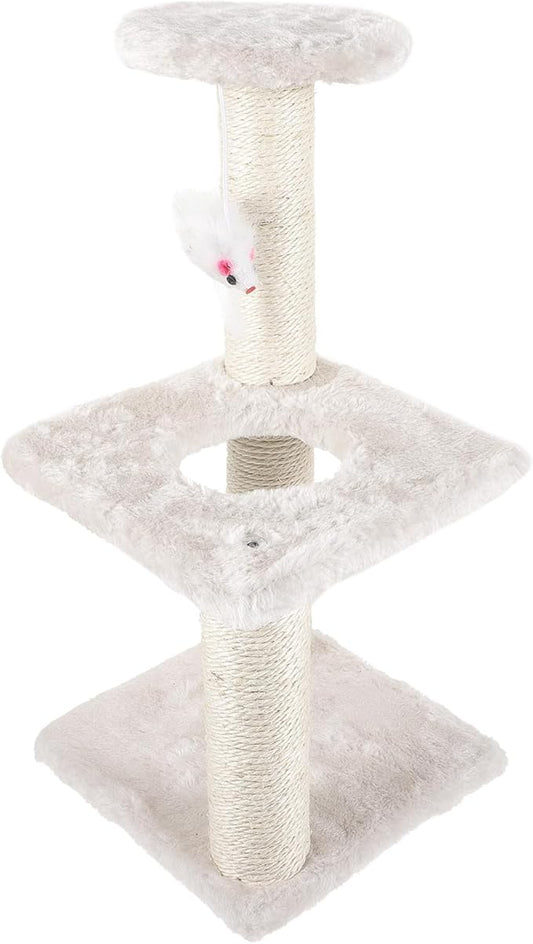 POPETPOP Beige 3-Layer Sisal Cat Scratching Post with Mouse, Multi-Level Vertical Cat Tree for Indoor Use, Sturdy Kitty Activity Tower and Climbing Structure
