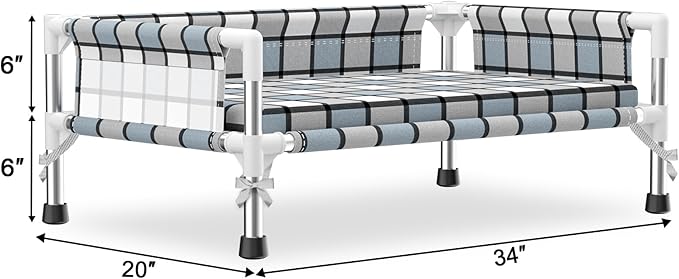 Elevated Raised Outdoor Dog Bed - Cooling Washable Dog Cot with Guardrail, Durable & Breathable Cotton Mesh Pet Hammock Beds with Stainless Steel Pipe Frame for Small Pets (Cushion-(M-))