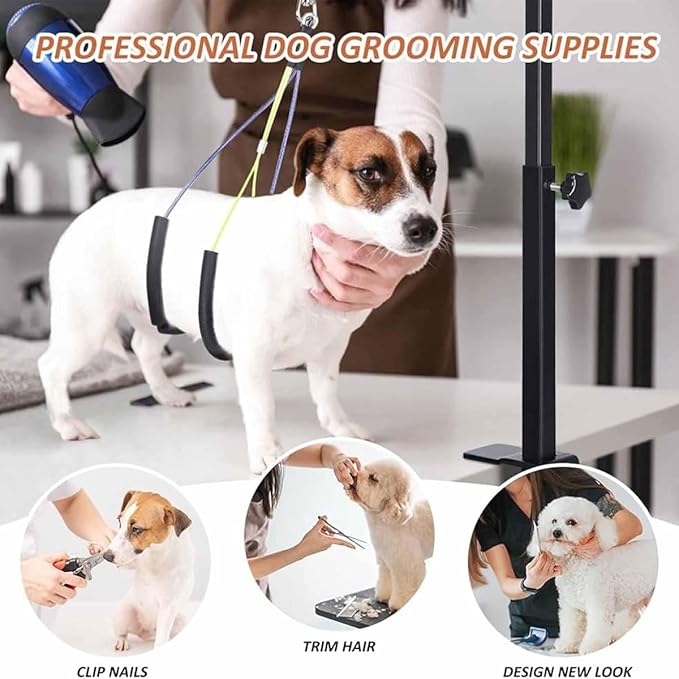 Adjustable Dog Grooming Table Arm, Dog Grooming Arm with Clamp with Two No Sit Haunch Holder & Hammock Harness, Foldable Pet Grooming Supplies,for Small Medium Dogs