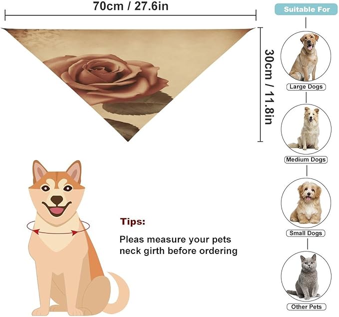 Dog Bandana Spring Pet Scarf Adjustable Triangle Vintage Rose Printing Dog Bib Washable Polyester Puppy Bandana for Small Medium Large Dogs Cat Birthday Party Supplies