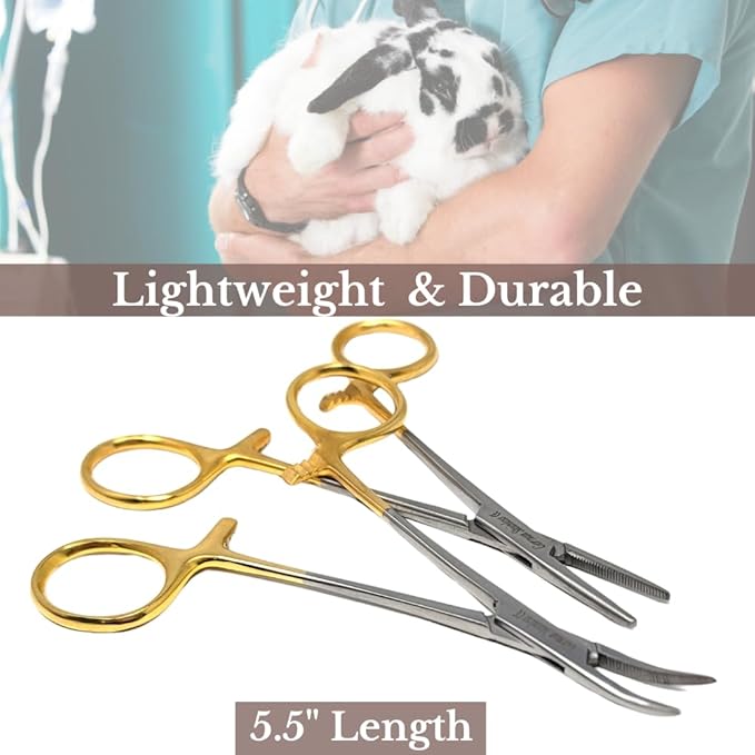 HTI Set of 2 Pcs Dog Cat Pet Hair Puller Remover Stainless Steel Hemostat Locking Forceps 5.5" Straight and Curved Full Serrated (Gold Handle)