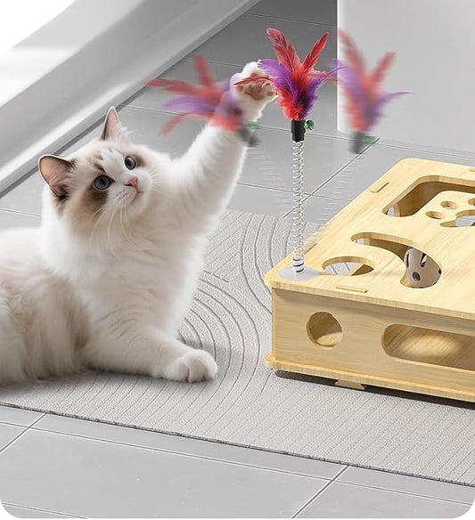 Wooden Cat Claw Care Scratcher with Maze Puzzle & Bell Ball - Enrichment Toy for Calm Grooming Alternative