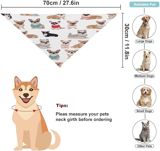 Dog Bandana Spring Pet Scarf Adjustable Triangle Cute Chihuahua Pug Pattern Printing Dog Bib Washable Polyester Puppy Bandana for Small Medium Large Dogs Cat Birthday Party Supplies