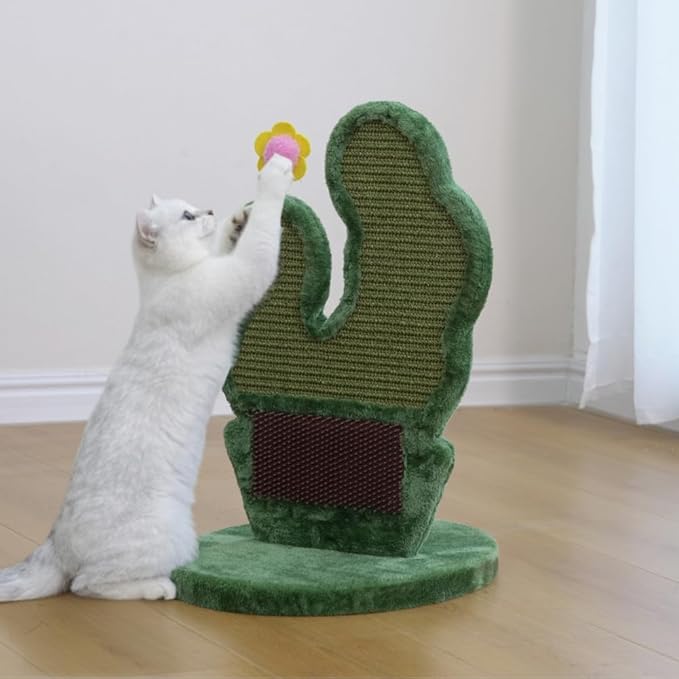 PetPals Cactus Cat Scratcher with Self- Grooming Brush, Double Sided Natural Sisal Scratching Pad, Potted Cactus Sisal Scratcher with Flower Toy, for Indoor Multi-Kitten Home,18" H