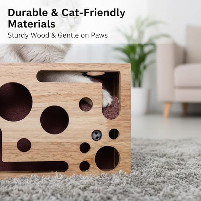 Cat Scratch Puzzle Enrichment Box-Wooden Sandpaper Surface for Indoor Cats