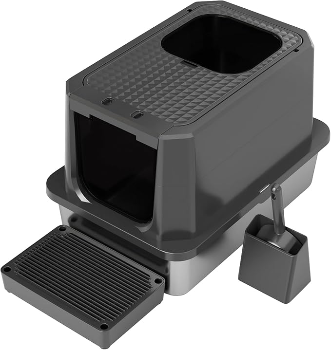 RIZZARI Enclosed Cat Litter Box: All Black Stainless Steel - Odor-Resistant & Easy Wipe Clean - Teflon Non-Stick Coating for Quick Cleaning - Large Top-Exit Pan for Modern Homes Garage