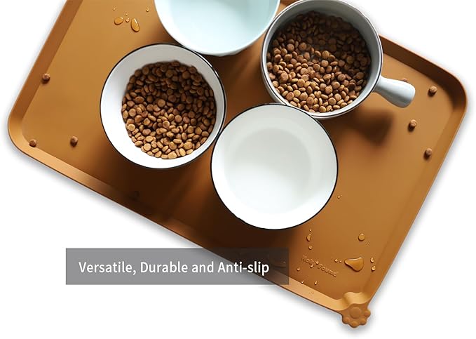 Hoki Found L Silicone Pet Food Mats Tray - Non Slip Pet Dog Cat Bowl Mats Placemat - Dog Pet Cat Feeding Mat - Waterproof Dog Cat Food Mats -Pet Water Mats for Carpet -Butterscotch