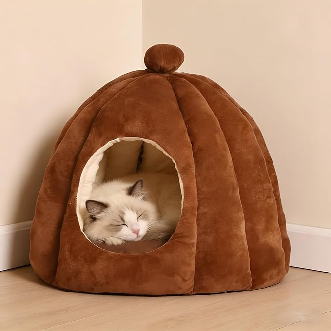Cat Bed for Indoor Cats - Adorable Cozy Cat Cave with Removable Cushion, Super Soft Pet House Tent for Kittens & Small Pets, Warm & Washable Non-Slip Design(M 17.7 inch Brown)
