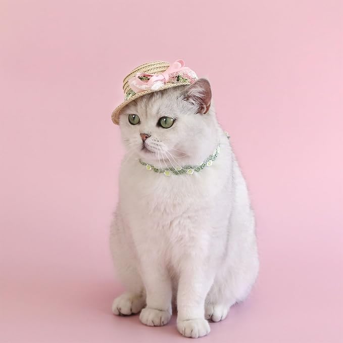 Pet Straw Hat Outdoor Sunbonnet Supplies Flower Lace Puppy Straw with Ribbon Bow Flower Dog for Large Dogs
