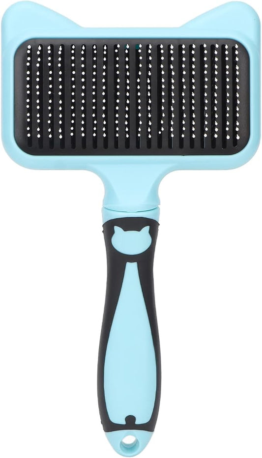 Self Cleaning Cat Grooming Brush, 140° Curved Teeth, Gentle Massage, Ergonomic Handle, Sturdy Stainless Steel, for Cats (Blue)