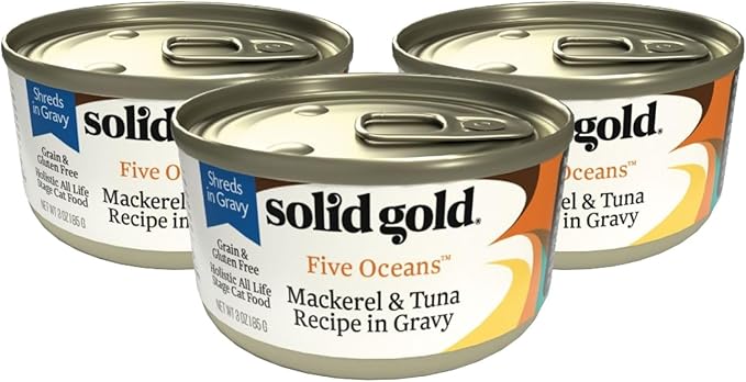 Solid Gold Five Oceans Wet Cat Food Shreds in Gravy - 3 Count Sample Pack - Real Tuna & Mackerel Cat Food for All Ages - Grain Free, Sensitive Stomach
