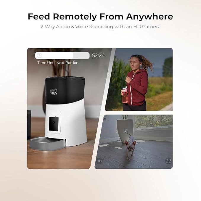 Penthouse Paws Smart HD Automatic Pet Feeder, 6L Dry Food Capacity, 1080p Camera, 2-Way Audio, Scheduled Meals, Backup Power, Easy to Clean, Anti-Jam Design for Cat & Dog, White/Stainless Steel