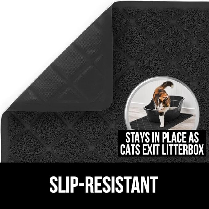Gorilla Grip Thick Cat Litter Trapping Mat and Stainless Steel Dog Bowls Set of 2, Cat Mat is 35x23 Inch, Stainless Steel Dog Bowls Hold 2 Cups, Both in Black Color, 2 Item Bundle