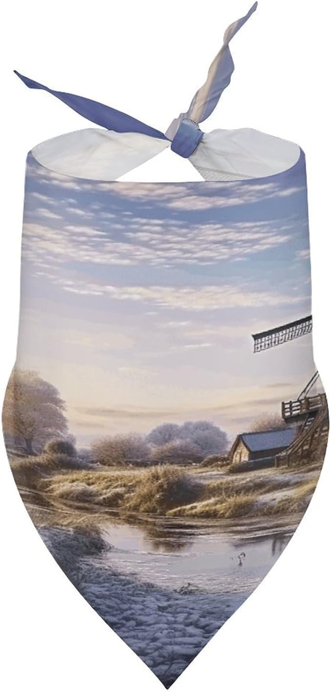 Dog Bandana Spring Pet Scarf Adjustable Triangle Landscape with A Traditional Windmill Printing Dog Bib Washable Polyester Puppy Bandana for Small Medium Large Dogs Cat Birthday Party Supplies