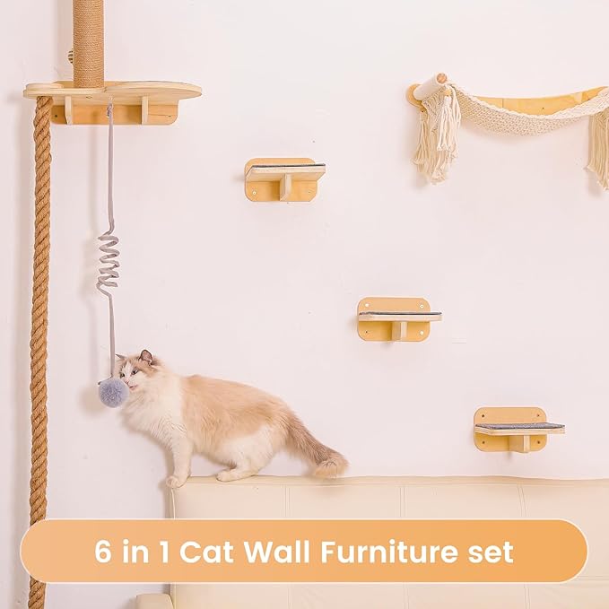Cat Wall Shelves, Large Wall-Mounted 6-in-1 cat Furniture Set (Climbing Rope+Sisal Scratching Post+Macrame Resting Hammock+Interactive Toys Ball+Feeding Bowls Station+3 Wall Steps) for Indoor Kitties