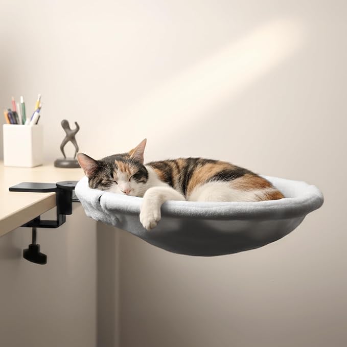 Adjustable Cat Desk Bed, Sunken Design Cat Hammock, Supports Up to 50 lbs, Sturdy Metal Frame with Secure Clamp, Removable Faux Rabbit Plush Cover, Perfect for Home or Gaming Desk (White, XL)