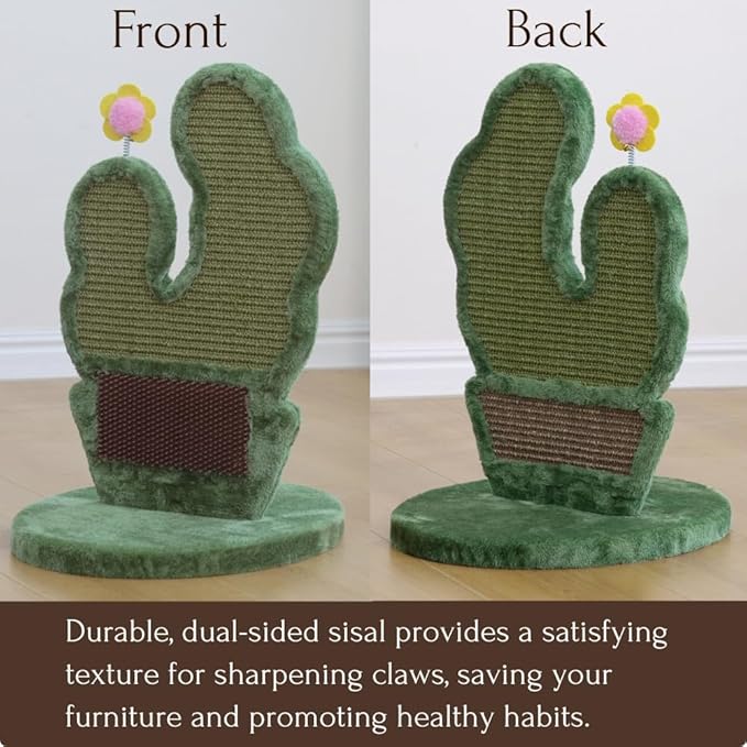 PetPals Cactus Cat Scratcher with Self- Grooming Brush, Double Sided Natural Sisal Scratching Pad, Potted Cactus Sisal Scratcher with Flower Toy, for Indoor Multi-Kitten Home,18" H