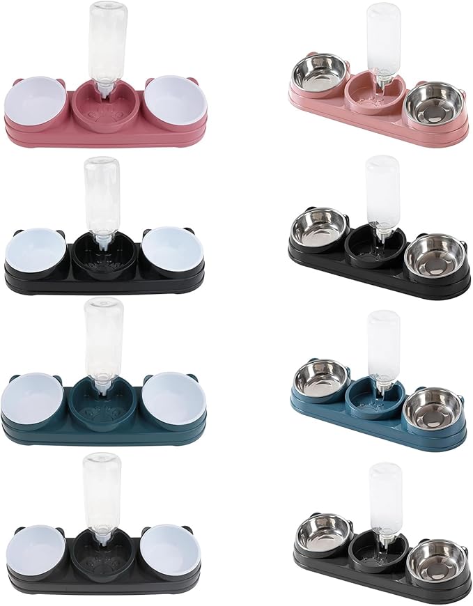 Elevated Double Bowl Pet Feeders with Automatic Water Dispenser Antislip Base for Dog Cats Daily Feeding Watering Supply - Black - Steel Bowl