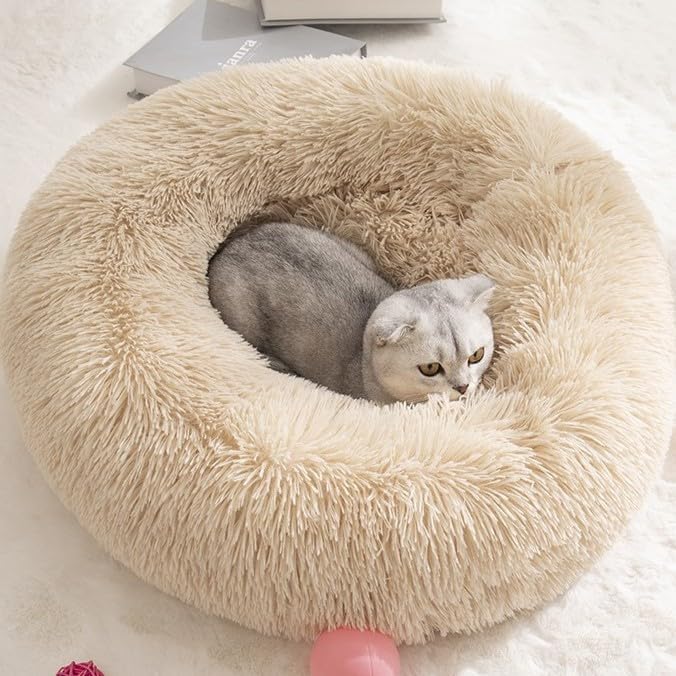 Hezotco Dog Bed for Indoor Cats & Dogs, Washable Soft Fluff Round Dog & Cat Bed for Small Dogs. 31.5 inches Pet Bed for Puppy，Fits up to 55 lbs Pets，Light Brown
