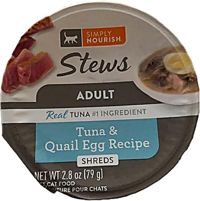 SIMPLY NOURISH Adult Cat Stew Shreds 6-2.8 Ounce Cups. Plus Cat Toy Will Vary. (Tuna & Quail Egg Recipe)