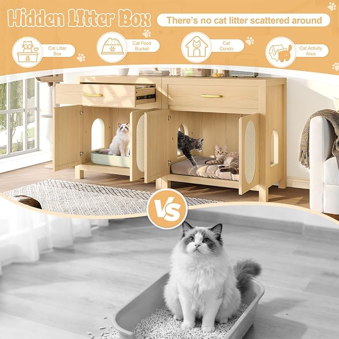 Cat Litter Box Enclosure Furniture, Hidden Litter Box Cabinet Cat House Side Table with Drawer & Sisal Scratch Pads, Wooden Pet Furniture for Living Room, Bedroom,Natural