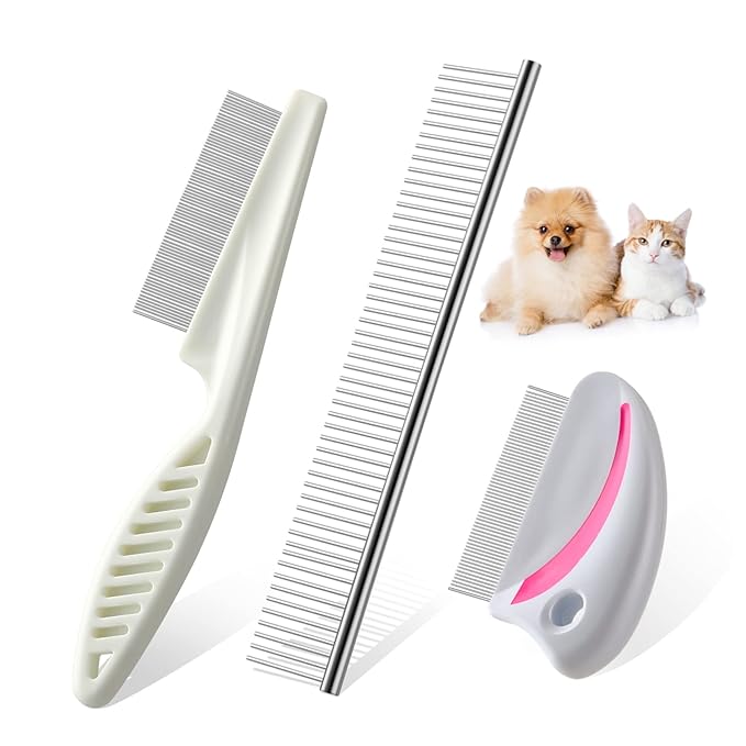BESTonZON 3pcs Pets Grooming Set Stainless Steel Combs for Dogs and Cats Safe and Dematting Tools Ergonomic Design for Easy Grooming for Indoor Use