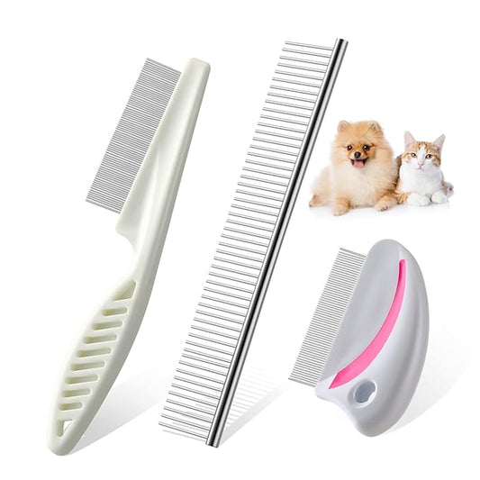 BESTonZON 3pcs Pets Grooming Set Stainless Steel Combs for Dogs and Cats Safe and Dematting Tools Ergonomic Design for Easy Grooming for Indoor Use