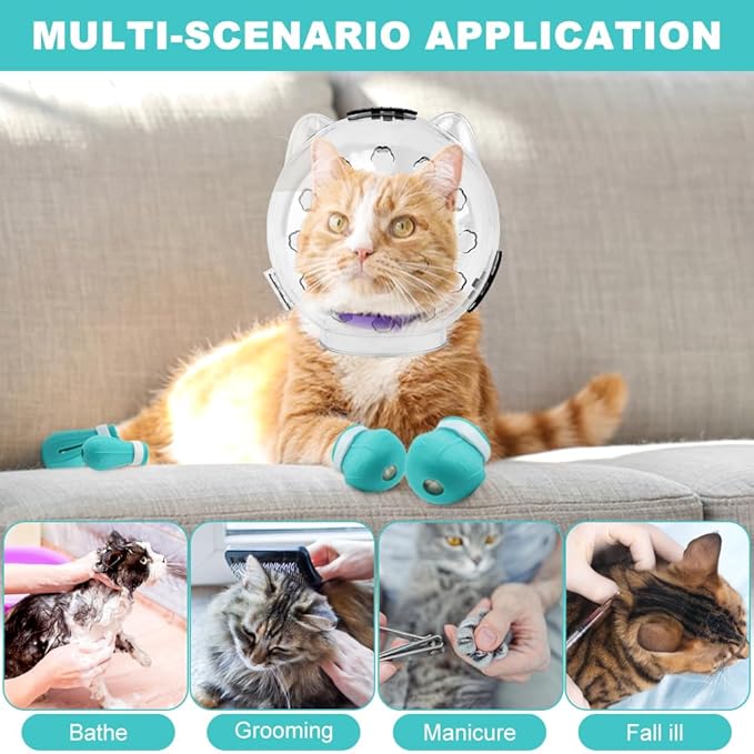 Breathable Cat Muzzle with Anti-Scratch Silicone Boots, Adjustable Transparent Helmet & Grip Socks for Grooming, Vet Visits, and Nail Trimming(Size:L)