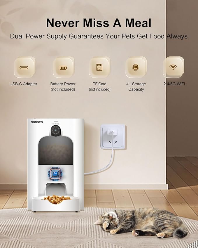 SANSCO Automatic Cat Feeder with Camera: Automatic Dog Feeder, 2K 3MP Video Recording Timed 2.4 & 5GHz WiFi App Control Pet Feeder Dispenser for Cat Dog, Rotates Up and Down, 4L