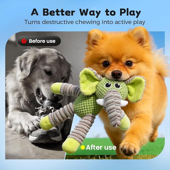 Plush Dog Squeaky Toy, Durable Pineapple Velvet Chew Toy for Aggressive Chewers Large Medium Small Dogs Interactive Training Teeth Cleaning Stuffed Animal Puppy Relief Boredom (Green Elephant)