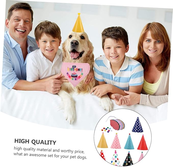 OUNONA Dog Birthday Bandana and Party Hat Set with Bib 10pcs Pet Birthday Supplies Kit for Dogs Adjustable Fabric Hats and Cotton Bib for Celebration Random Color