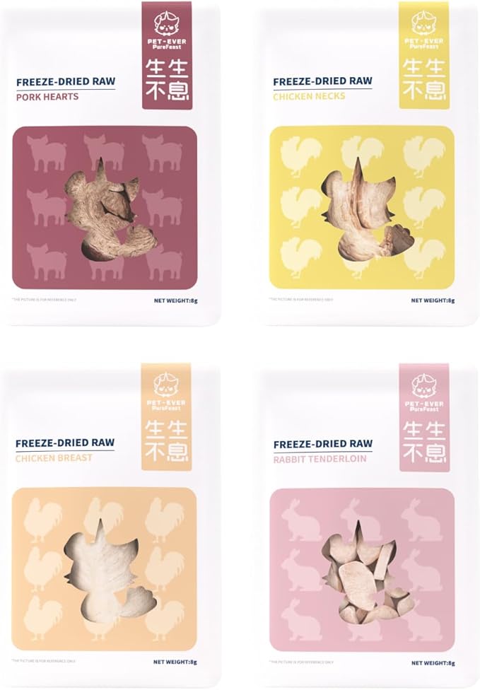Freeze-Dried Cat & Dog Treats Trial Variety Pack – Single-Ingredient Healthy Proteins (Rabbit Tenderloin, Pork Heart, Chicken Neck & Breast), Raw Nutrition, No Additives, 1.1 oz