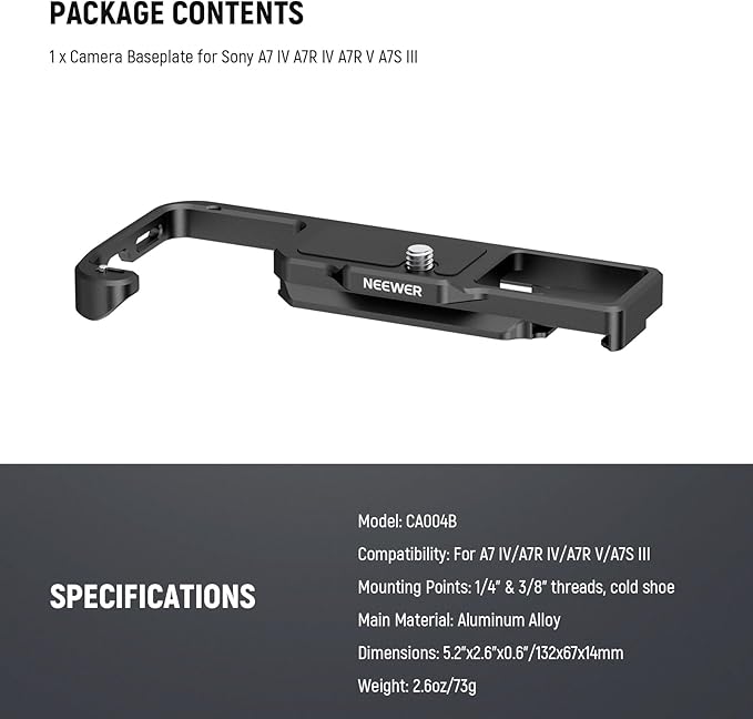 NEEWER A7 IV A7R IV A7R V A7S III Camera Baseplate, Bottom Mount Plate with Arca Type QR Base, 1/4" & 3/8" Threads, Cold Shoe, Compatible with Sony Alpha DJI RS2 RSC2 RS3 Pro Gimbal, CA004B