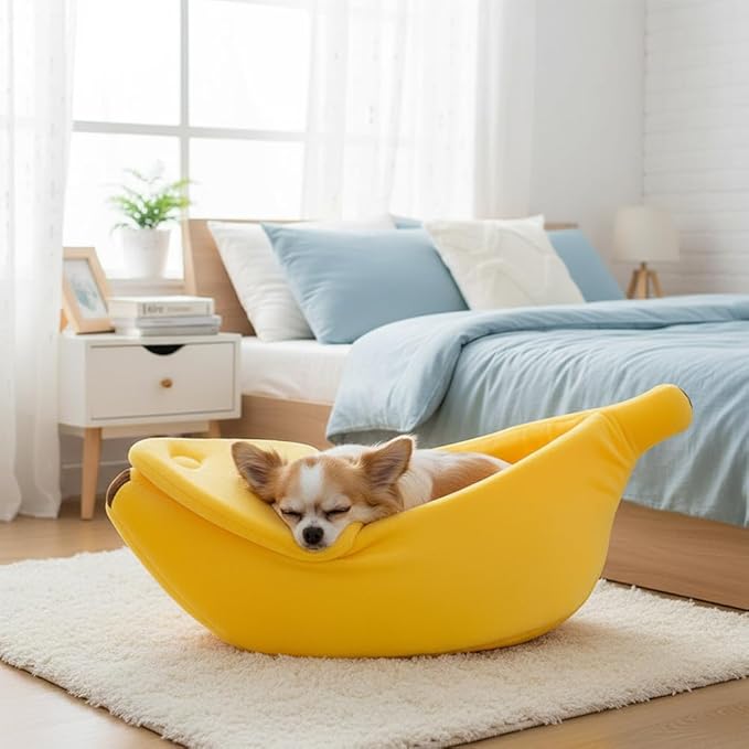Banana Cat Bed for Cats & Small Dogs – Funny Yellow Plush Pet Cave, Comfy Indoor Hideaway for Kittens, Puppies, and Small Pets