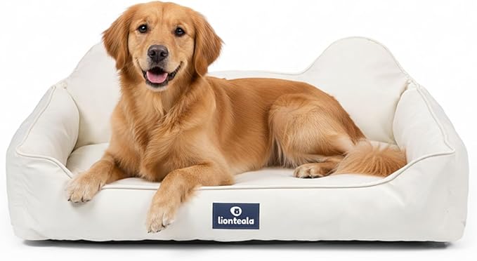EarsUp Dog Bed 43Inch Leather Dog Sofa, Detachable Orthopedic Puppy Beds, Rectangle Pet with Non-Slip Bottom, Waterproof, Machine Washable (White)
