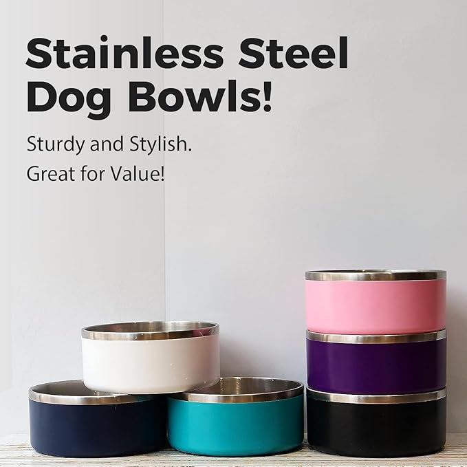 IKITCHEN Dog Bowl for Food and Water, 64 Oz Stainless Steel Pet Feeding Bowl, Durable Non-Skid Double Wall Insulated Heavy Duty with Rubber Bottom for Medium Large Dogs (64 Ounces/8 Cup, Pink)