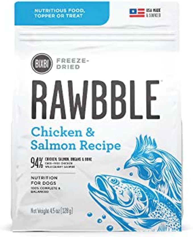 BIXBI Liberty Freeze-Dried Dog Food Topper & Treats, Chicken & Salmon – 94% Meat & Organs, No Refrigeration – USA Made, 4.5 oz