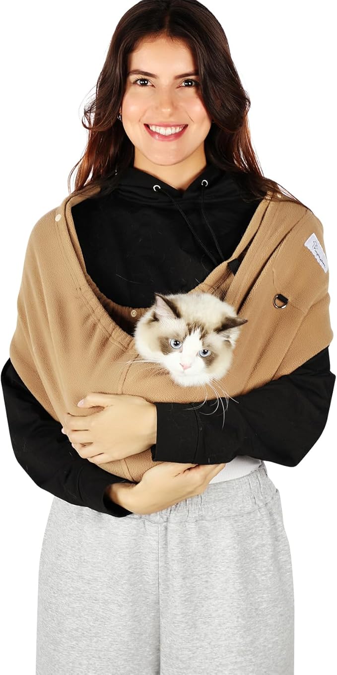 Dog Carrier Sling,Indoor Comfort Adjustable Cat Sling Carrier,With Front Pocket and Seat Belt Dog Carriers for Small Dogs Machine Washable,Suitable for Family Outdoor Use (Large, Khaki)