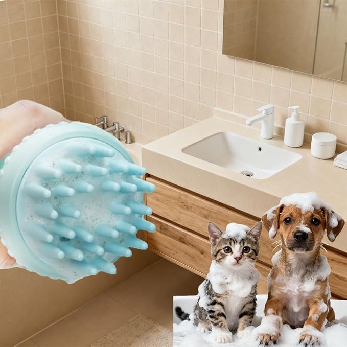 Pet Grooming Bath Brush Dog Cat Massage Brush Comb Bubble Maker with Shampoo Dispenser for Shower Scrubbing Remove Shedding Hair Soothing Massage Pet Supplies - Pink