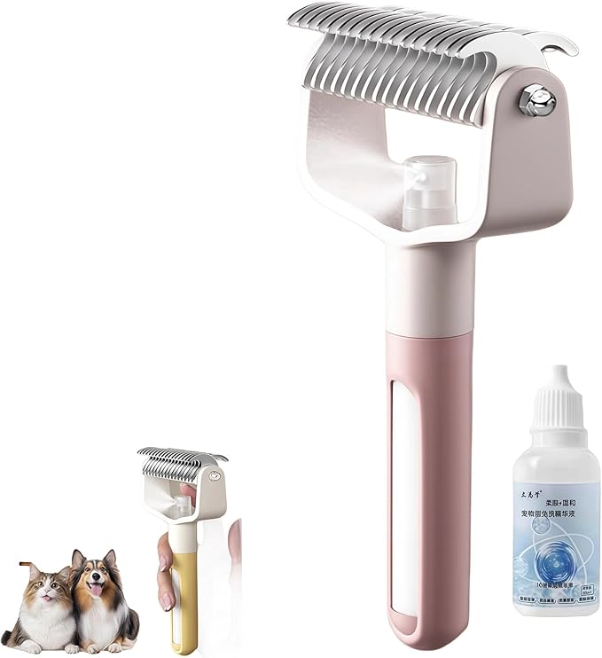 Pet Spray Comb, Newly Upgrade Hair Removal Tool, Gentle Rounded-Tip Cat Dog Grooming Spray Brush with Mist for Long/Short Hair Cats and Dogs(Pink)