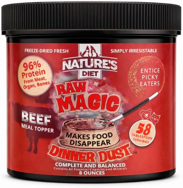 Freeze-Dried Raw Magic Dinner Dust - Premium Dog and Cat Food Topper with 96% Protein from Raw Meat, Liver, Bone Broth, Fruits and Vegetables - Irresistable - Perfect for Picky Eaters - 8oz (Beef)