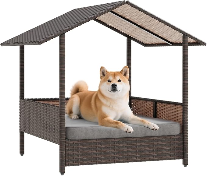 Waleaf Wicker Dog House Outdoor Indoor with Canopy and Removable Cushion, Elevated Rattan Dog Bed Shelter for Small/Medium Dogs, Weather Proof Cushion Cover Pet Cabana for Patio, Deck, Pool, Yard