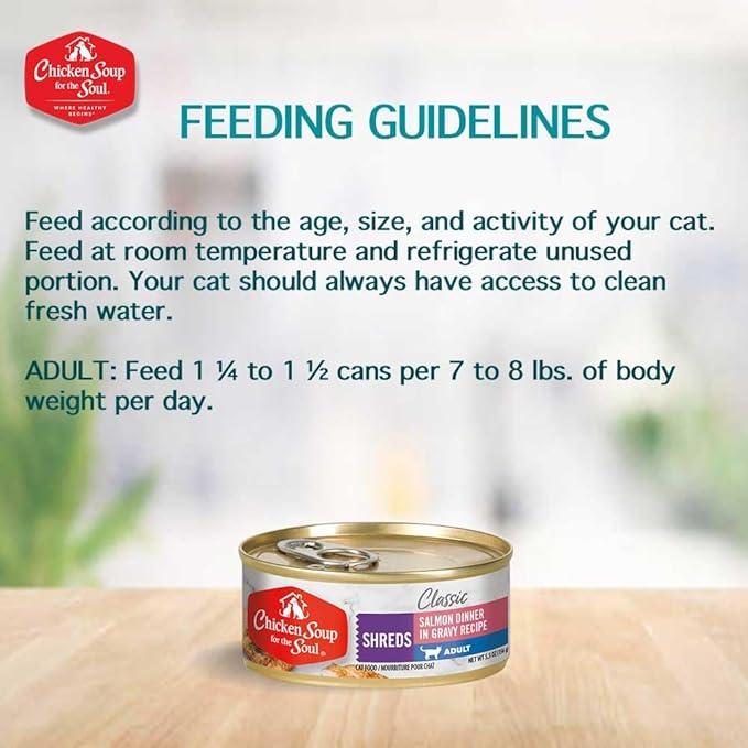 Chicken Soup for the Soul All Natural Premium Adult Wet Cat Food, Real Meat First Ingredient, No By-Products, Artificial Colors, Flavors or Preservatives, Salmon Shreds Dinner, 5.5oz (Pack of 24)