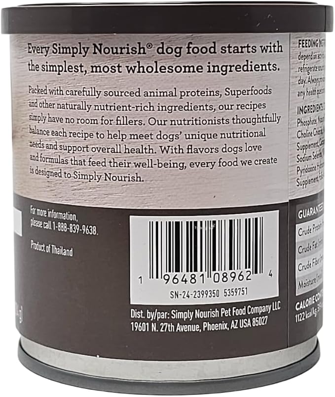 SIMPLY NOURISH Adult Chicken & Vegetable Recipe in Broth Minced. Four Ten Ounce Cans and Biggs Dog Waste Bags.