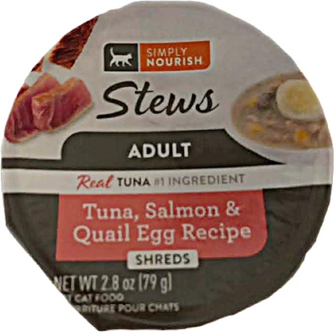 SIMPLY NOURISH Adult Cat Stew Shreds 6-2.8 Ounce Cups. Plus Cat Toy Will Vary. (Tuna,Salmon & Quail Egg Recipe)