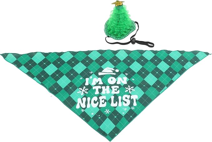 Pet Christmas Hat and Holiday Bandana Set, Adjustable Soft Green Checkered Fabric, 2pcs Festive Dog Costume for Christmas Party and Seasonal Pet Supplies