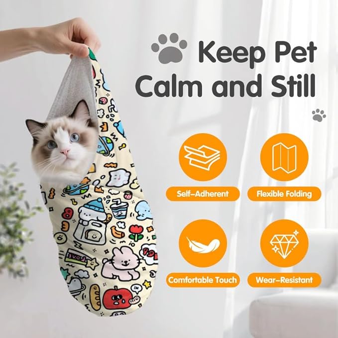 Cat Grooming Wrap, Cat Grooming Supplies, Cat Wrap for Cutting Nails, Self-Adhesive Grooming Bag Restraint for Nail Clipping, Medicine Taking